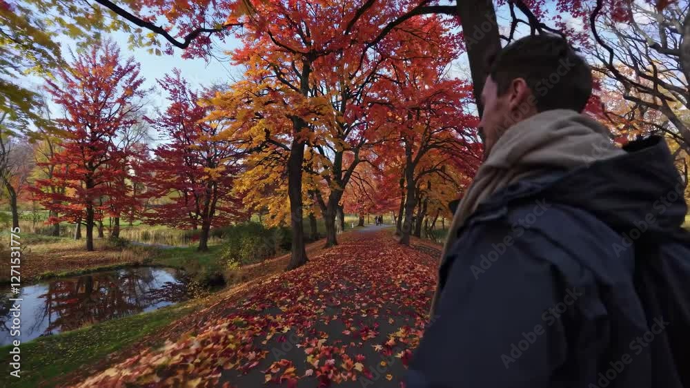 Poster walking through vibrant autumn trees along a serene path in the park during a sunny day