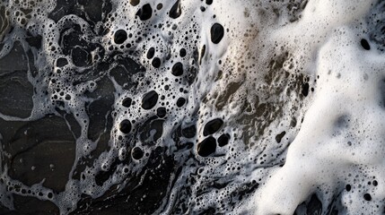 Dynamic black and white soap bubbles with dark fluid background