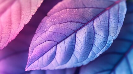 Obraz premium Close-up of dew-kissed purple leaves with pink highlights in soft light