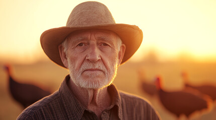 Fototapeta premium Elderly caucasian man in hat standing in sunset with birds in background serene rural scene