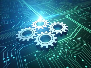A digital representation of interconnected gears on a circuit board, symbolizing technology, innovation, and mechanical engineering.