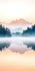 Fototapeta premium Serene mountain landscape with misty lake reflection at sunrise peaceful nature scene