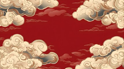 Golden asian chinese new year celebration frame background, abstract red Japanese cloud wave art pattern design backdrop, traditional lunar festival empty rectangle border wallpaper