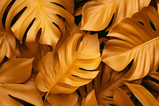 Tropical monstera leaves pattern with rich golden hues for elegant natural decor and modern botanical style