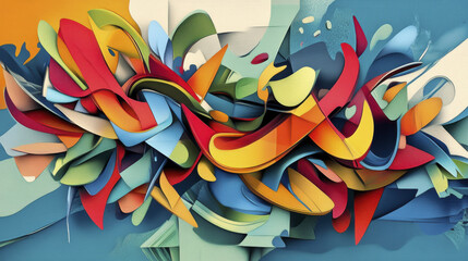 Vibrant abstract art featuring chaotic yet harmonious shapes in bright colors. composition blends reds, yellows, and blues, creating dynamic visual experience