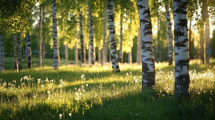 Obraz premium Sunlit birch forest with lush greenery and blooming flowers at sunrise
