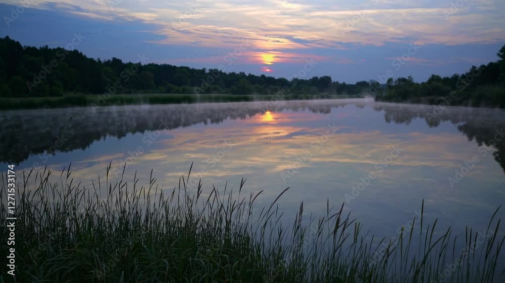 Poster beautiful sunset reflecting on calm lake with mist and lush greenery in background