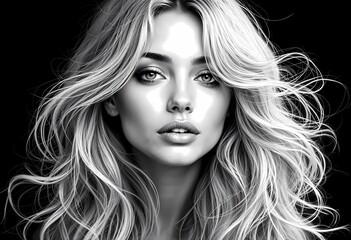 Fototapeta premium Captivating Black and White Portrait of a Young Woman With Flowing Hair. Generative AI