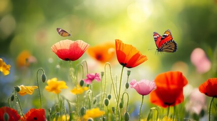Fototapeta premium Colorful butterflies and vibrant wildflowers in sunlit meadow