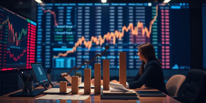 Double exposure of male and female professionals collaborating on financial analysis with holographic market chart on computer screen, analysis, teamwork - Powered by Adobe