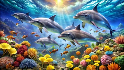 Fototapeta premium A vibrant underwater scene showcasing a pod of dolphins gracefully swimming above a colorful coral reef teeming with diverse marine life, bathed in sunlight filtering through the ocean surface