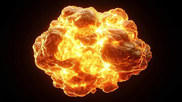 A powerful explosion or lava erupts, generating a massive fireball that lights up the dark surroundings with vibrant orange flames. Smoke billows as it dissipates, creating an intense atmosphere.