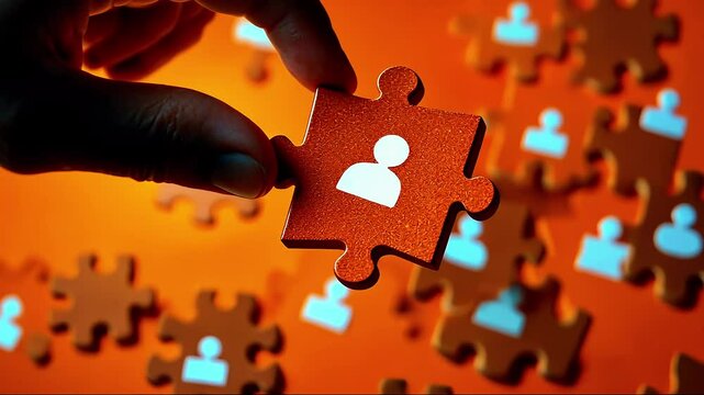 Hand holding an orange puzzle piece with a person icon, surrounded by similar pieces on a vibrant background