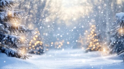 Magical winter wonderland with snowy fir trees and warm lights