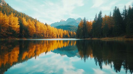 Fototapeta premium Serene Autumn Landscape with Reflections on Calm Mountain Lake