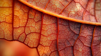 Close-up of autumn leaf veins showing intricate patterns and vibrant colors