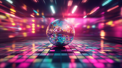 Colorful disco ball with vibrant neon lights and bokeh effects on a dark background, creating a dynamic and energetic atmosphere for a nightclub party. Shiny mirror ball reflections and blurred motion