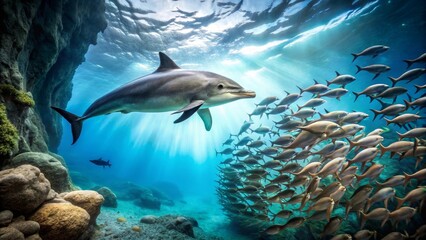 Obraz premium Oceanic Dolphin Encounter A Graceful Marine Mammal Navigates a School of Fish in Sunlit Underwater Realm