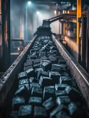 Black coal moves on a conveyor belt in a softly lit industrial facility