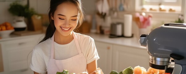 Discover vibrant plant-based living Witness a happy woman chopping fresh vegetables in a modern kitchen, preparing plant-based meals with joy and mindfulness Elevate your culinary experience with
