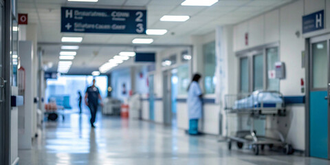 Fototapeta premium Blurred hospital interior, providing an abstract medical background, reflecting a healthcare environment with clinical tones.