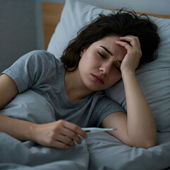 A sick woman lies in bed, looking at a thermometer with concern. She appears fatigued and unwell, symbolizing fever, illness, flu symptoms, and the need for medical care.