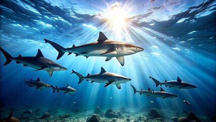 Obraz premium Oceanic Sunlight Illuminates a School of Sharks Gracefully Swimming in a Pristine Underwater Realm