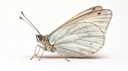 Obraz premium Close-up of white butterfly with delicate wings on white background