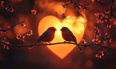 Pair of Birds on a Branch at Sunset Surrounded by Heart Shape