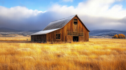 rustic wooden barn stands alone in vast field of golden grass, surrounded by rolling hills and dramatic sky. serene landscape evokes sense of tranquility and nostalgia