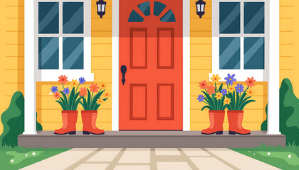 Colorful flowers in red boots by yellow house entrance