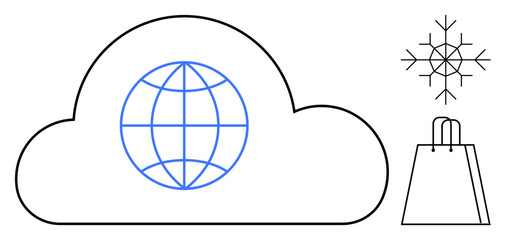 Fototapeta premium Cloud with globe inside, snowflake, and shopping bag. Ideal for technology, e-commerce, global connectivity, weather, online shopping cloud services digital marketing. Line metaphor