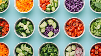 Colorful salad ingredients kitchen food photography bright overhead view healthy eating