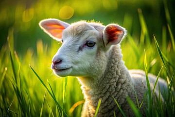Fototapeta premium Adorable Lamb Grazing in Lush Green Pasture - High-Resolution Stock Photo