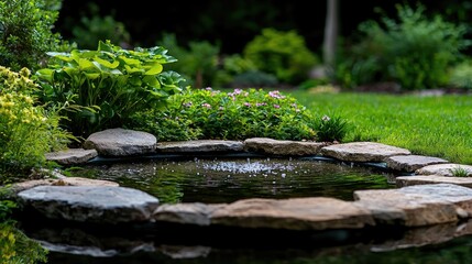Serene garden pond, lush plants, backyard oasis, tranquil setting; ideal for relaxation