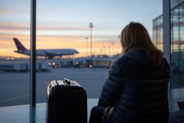 A lonely traveler gazes at an airplane taking off against a vibrant sunset, evoking feelings of anticipation and wanderlust amid the serene airport backdrop.