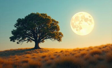 Fototapeta premium Full Moon, Solitary Tree, and Grassy Hill