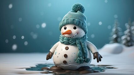 "Heartbroken Snowman with Drooping Scarf and Tired Eyes on a Solid Background – Perfect for Banners, Web Designs, or Flyers"