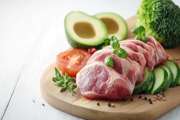 Fototapeta premium Fuel Your Body with Healthy Fats A Visual Guide to Low-carb ketogenic diet ingredients on a white wooden background, showcasing the vibrant and delicious components crucial for maintaining optimal
