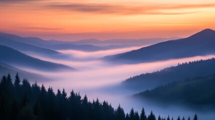 Obraz premium Serene mountain landscape at sunrise with misty valleys and vibrant sky