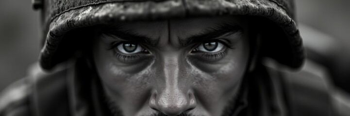 Intense close-up of a soldier's determined gaze, capturing the essence of bravery and resilience. Ideal for military, documentary, and motivational themes.