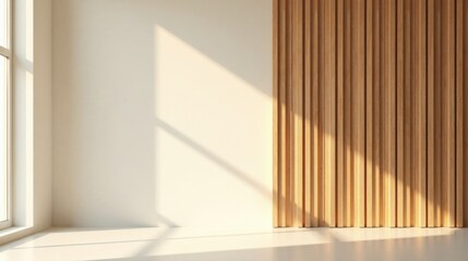 Obraz premium Sunlit Interior Room Design with Light Beige Walls and Vertical Wooden Accents
