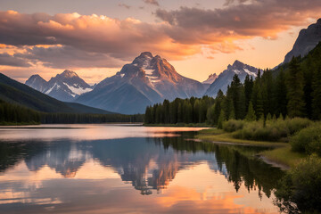 Fototapeta premium Golden Hour Landscape with Mountains and Calm Lake