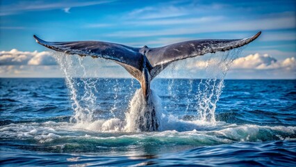 Fototapeta premium Majestic Whale's Fluke Exiting the Ocean's Surface, Creating a Stunning Spray of Water