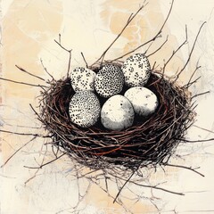 Obraz premium Speckled eggs in a detailed nest on artistic cream background