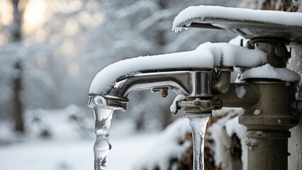 "Ice-Covered Faucet and Frozen Water Pipe in Winter – AI-Generated Scene"