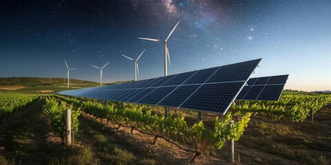 Future-proof practices integrating renewable energy for long-term viability showing a solar panels and wind turbines merging with grapevines under a cosmic sky