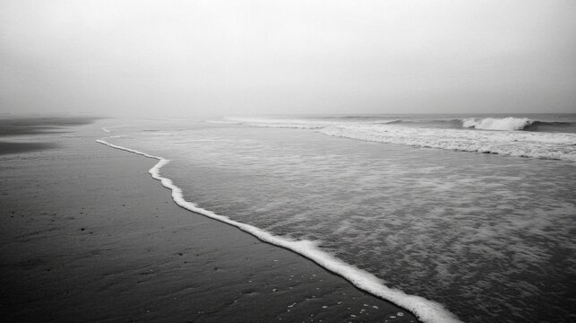 Foggy beach shoreline, tranquil waves, gray overcast sky, calming scene, tranquil beach, use as backdrop for meditation, nature photography, or travel articles