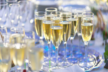 champagne glasses on a party table