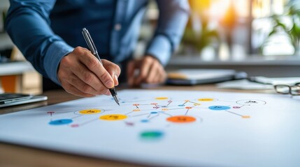 Businessman drawing on a flowchart during a meeting, illustrating ideas and brainstorming in a modern office environment.